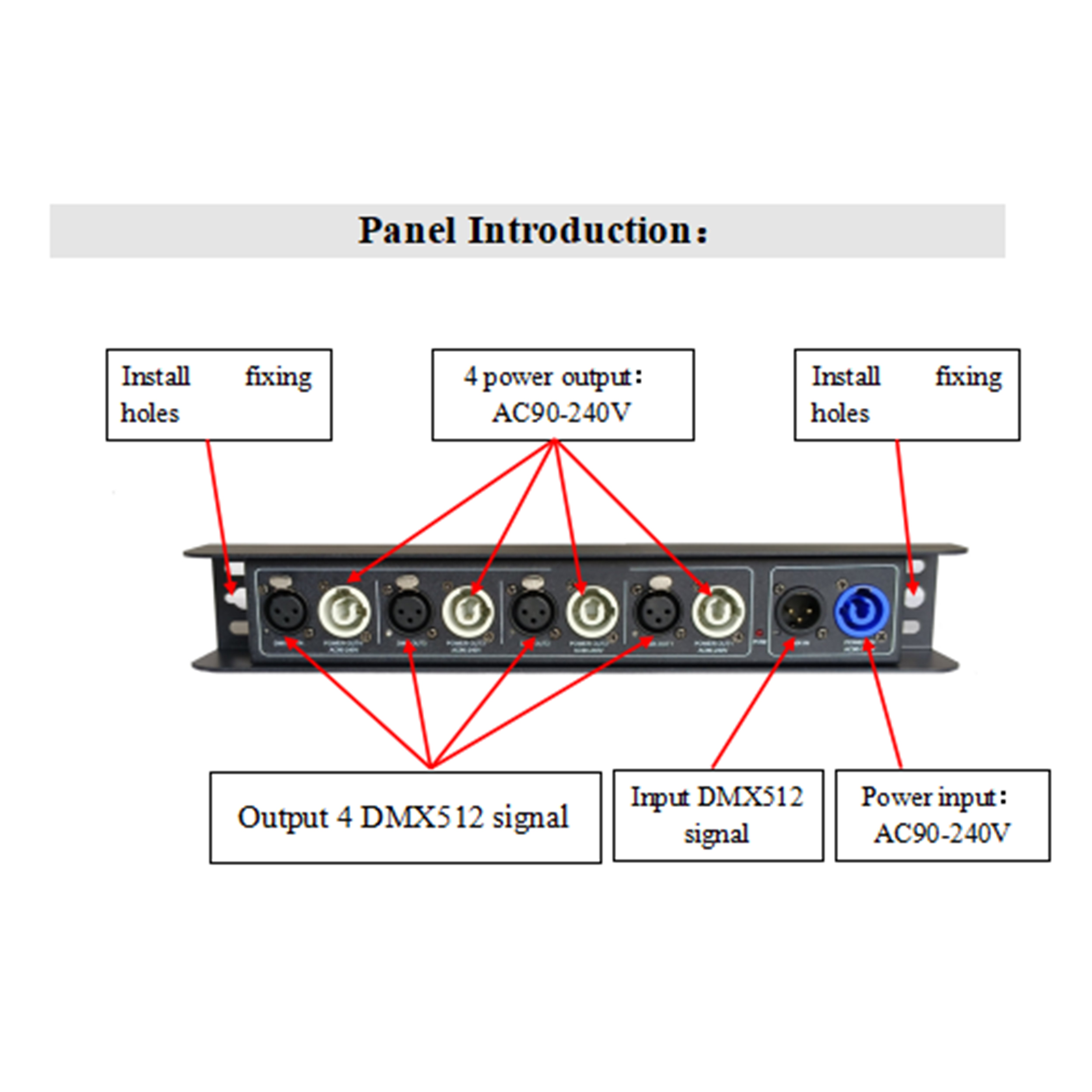 CA8402P（1 in 4 out signal amplifier with 4 power output ports，DMX512 protocol、RS-485）