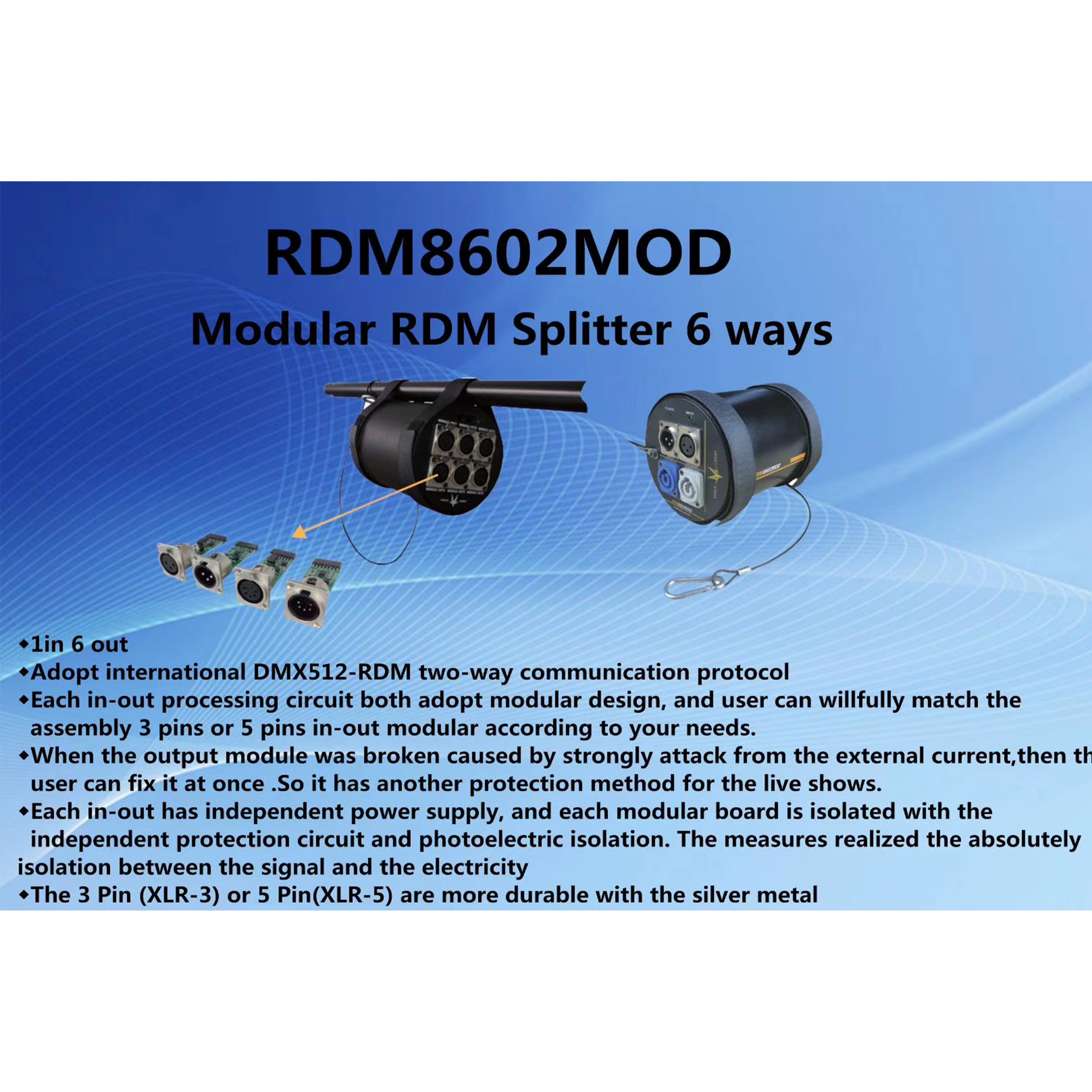 RDM8602Mod（Bundled 6-way modular splitter，DMX512-RDM two-way communication protocol）