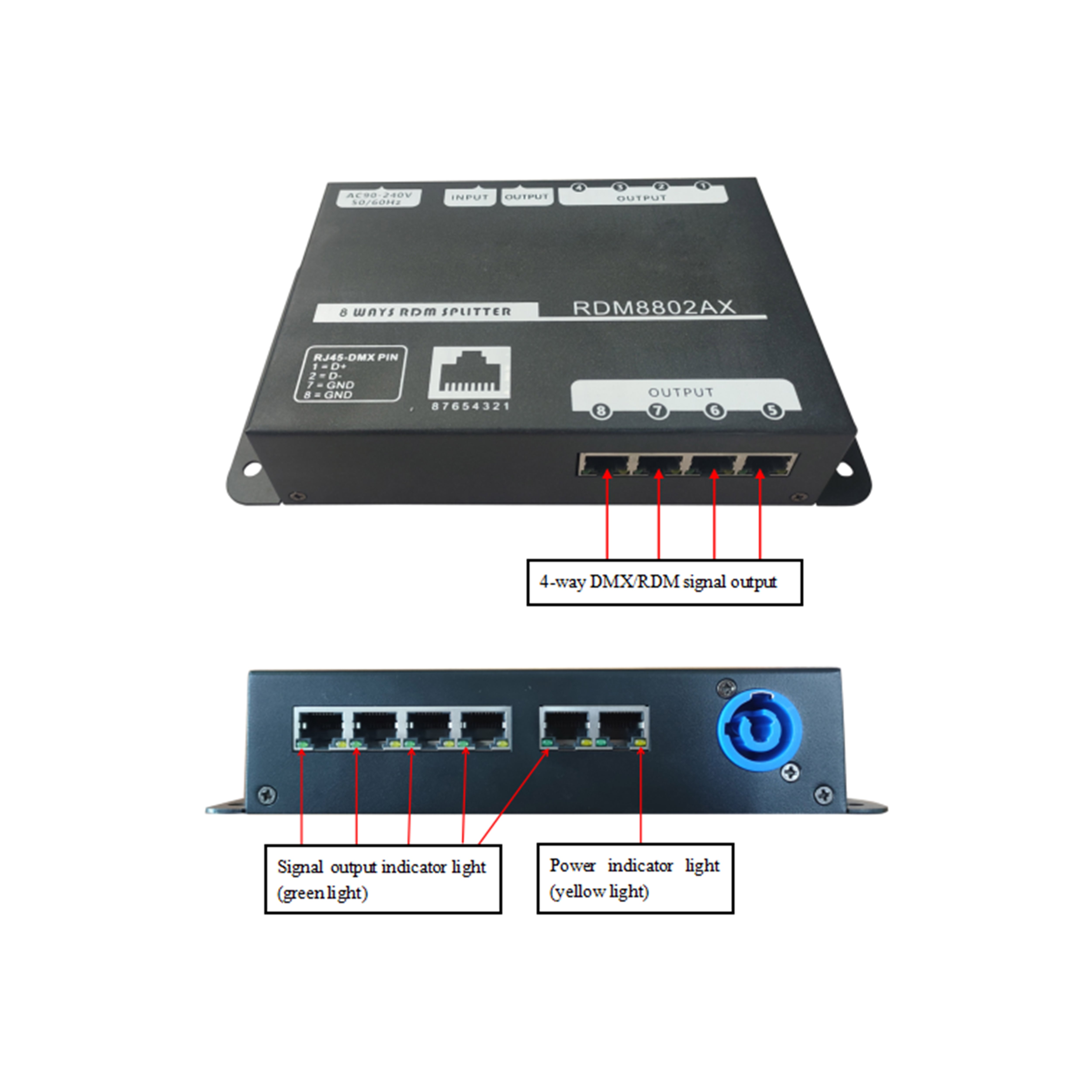 RDM8802AX（8 Way DMX512 Signal Distributor、RJ45）