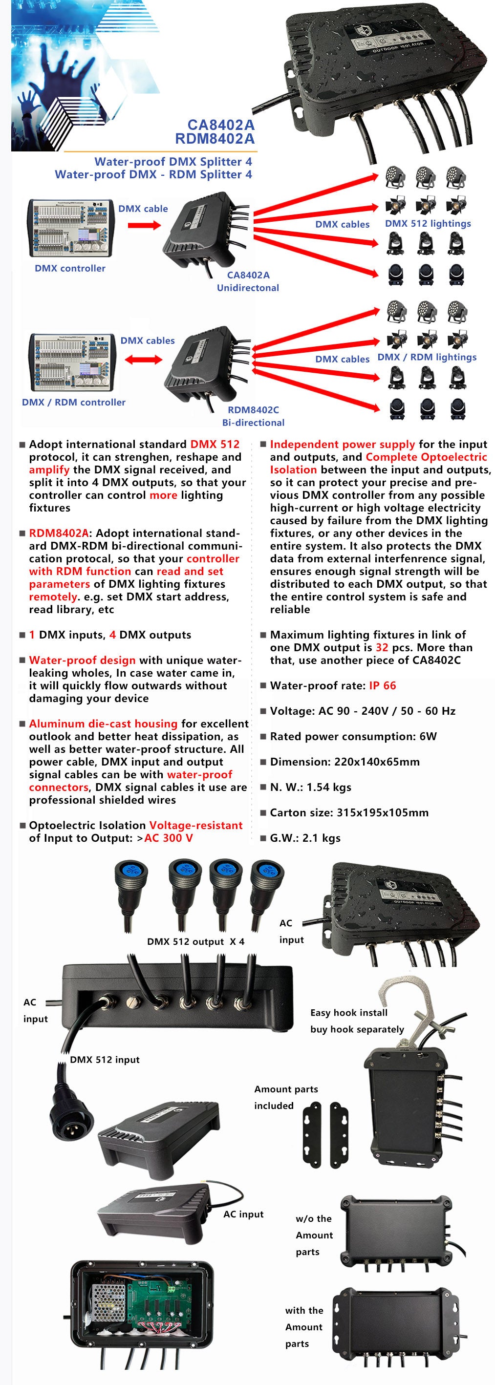 CA8402A（Waterproof 4-channel signal amplifier，1 DMX inputs, 4 DMX outputs）